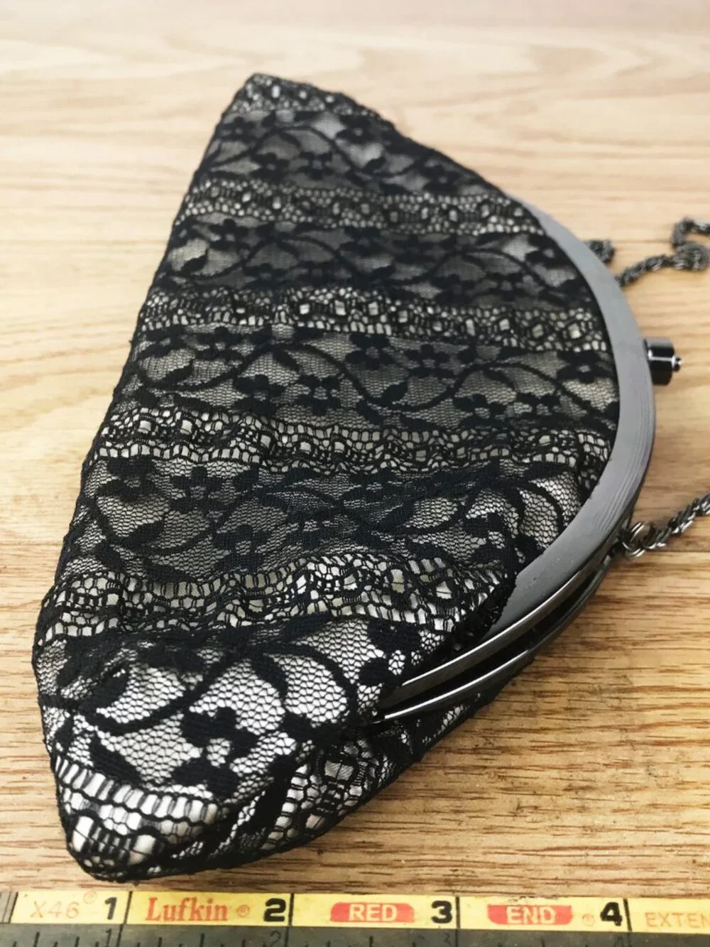 Ken Lady Black Lace Evening Clutch – Champagne Satin, Gunmetal Frame & Cord Stra